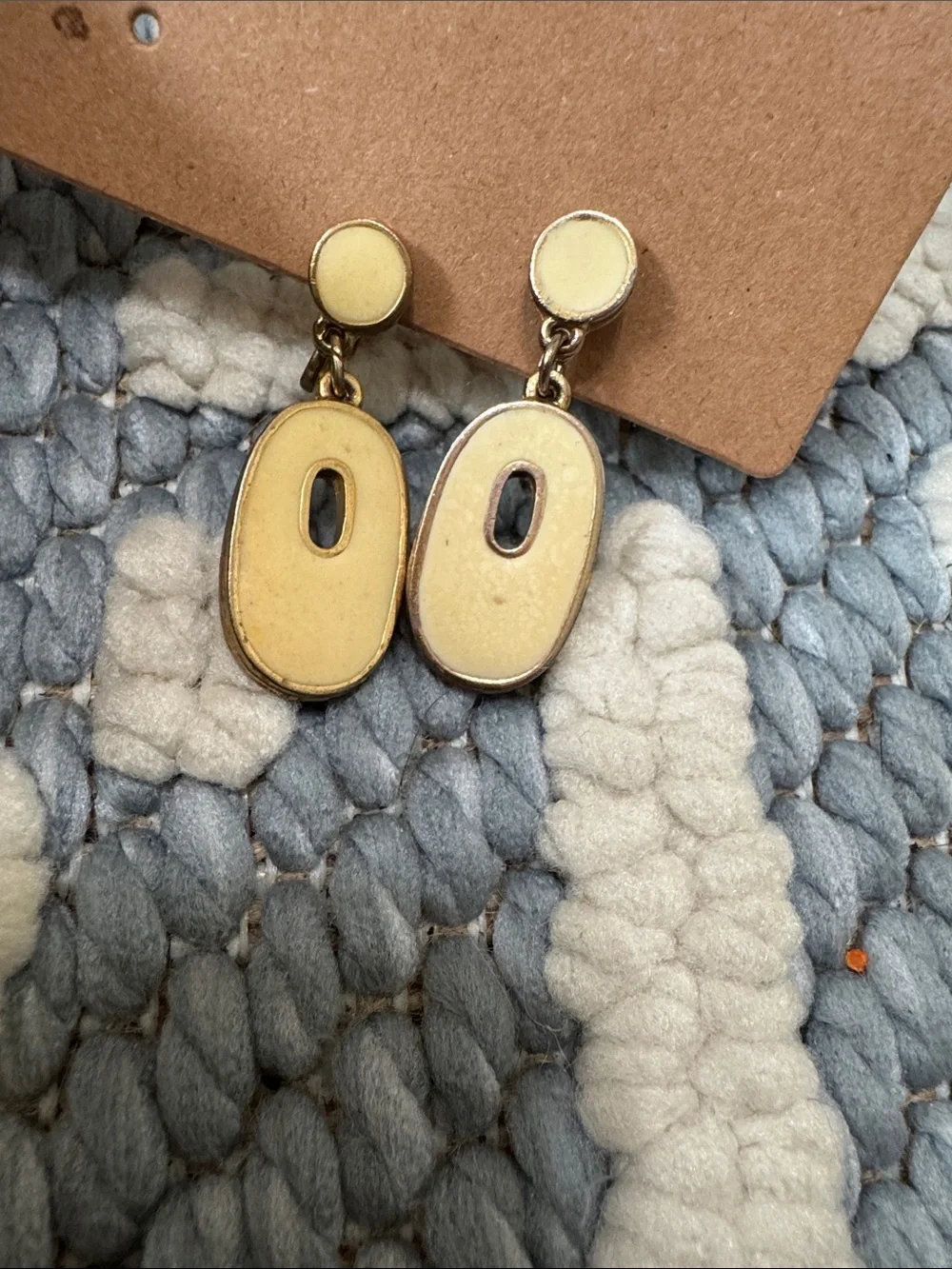 Vintage 70s Cream Enamel Clip On Dangle Earrings Mod Retro